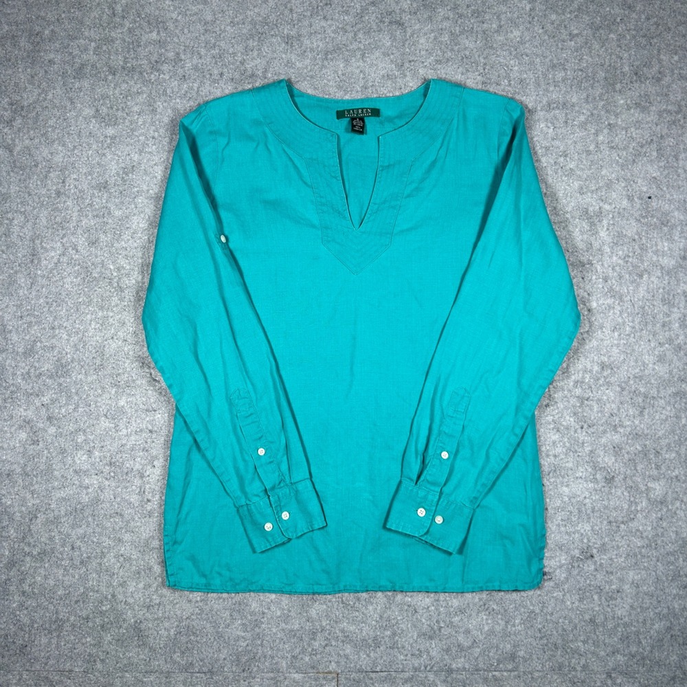 Lauren Ralph Lauren shirt Women's Small Teal Split Neck 100% Linen Roll Tab